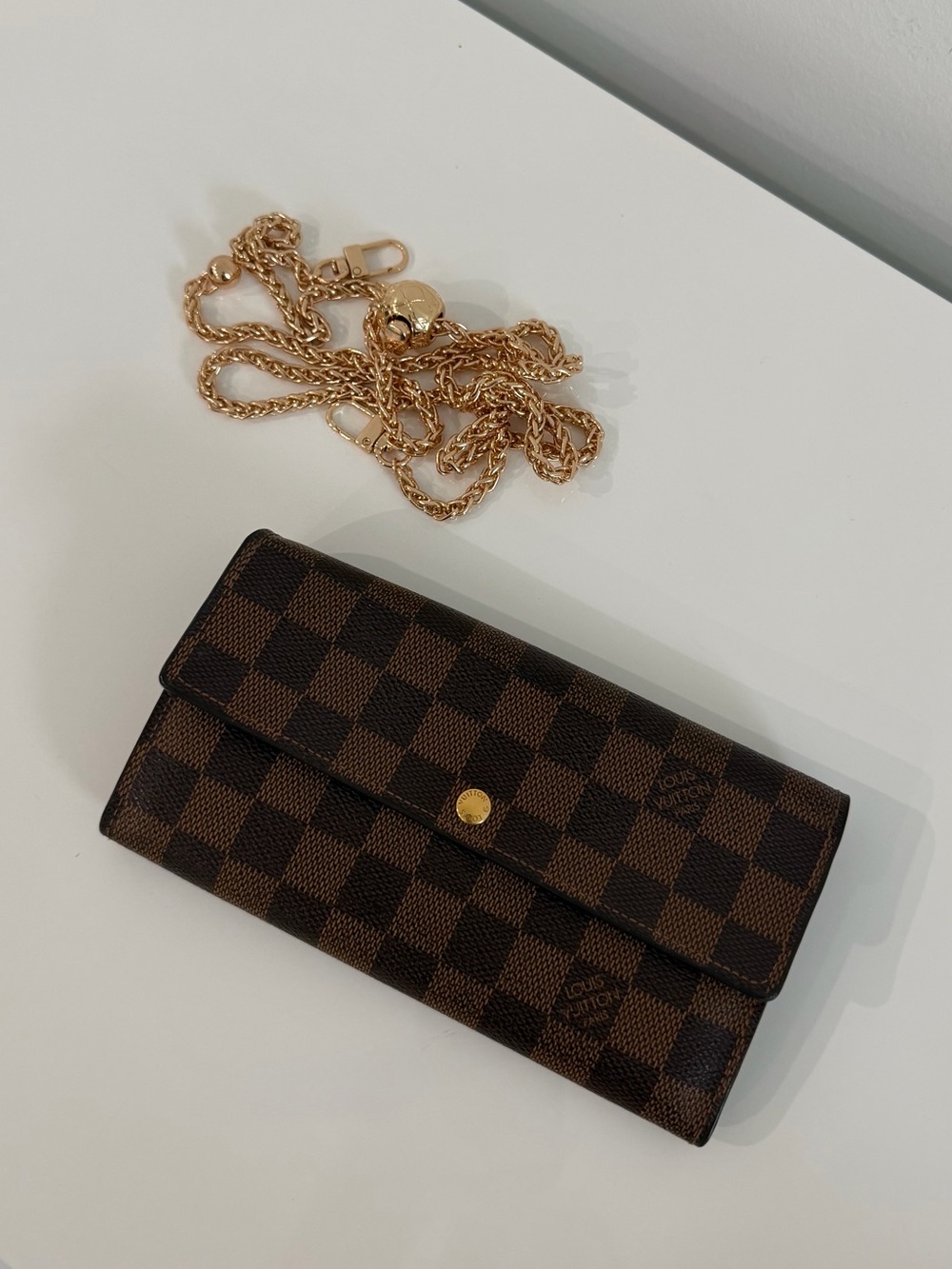 Louis Vuitton Brown Checkered Wallet with Gold Chain